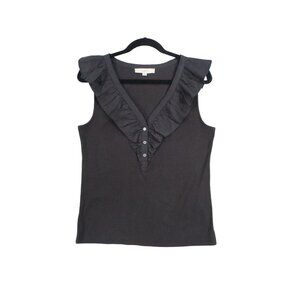 Ann Taylor Loft Black Sleeveless Ruffle V-Neck Button Front Womens Top Size L